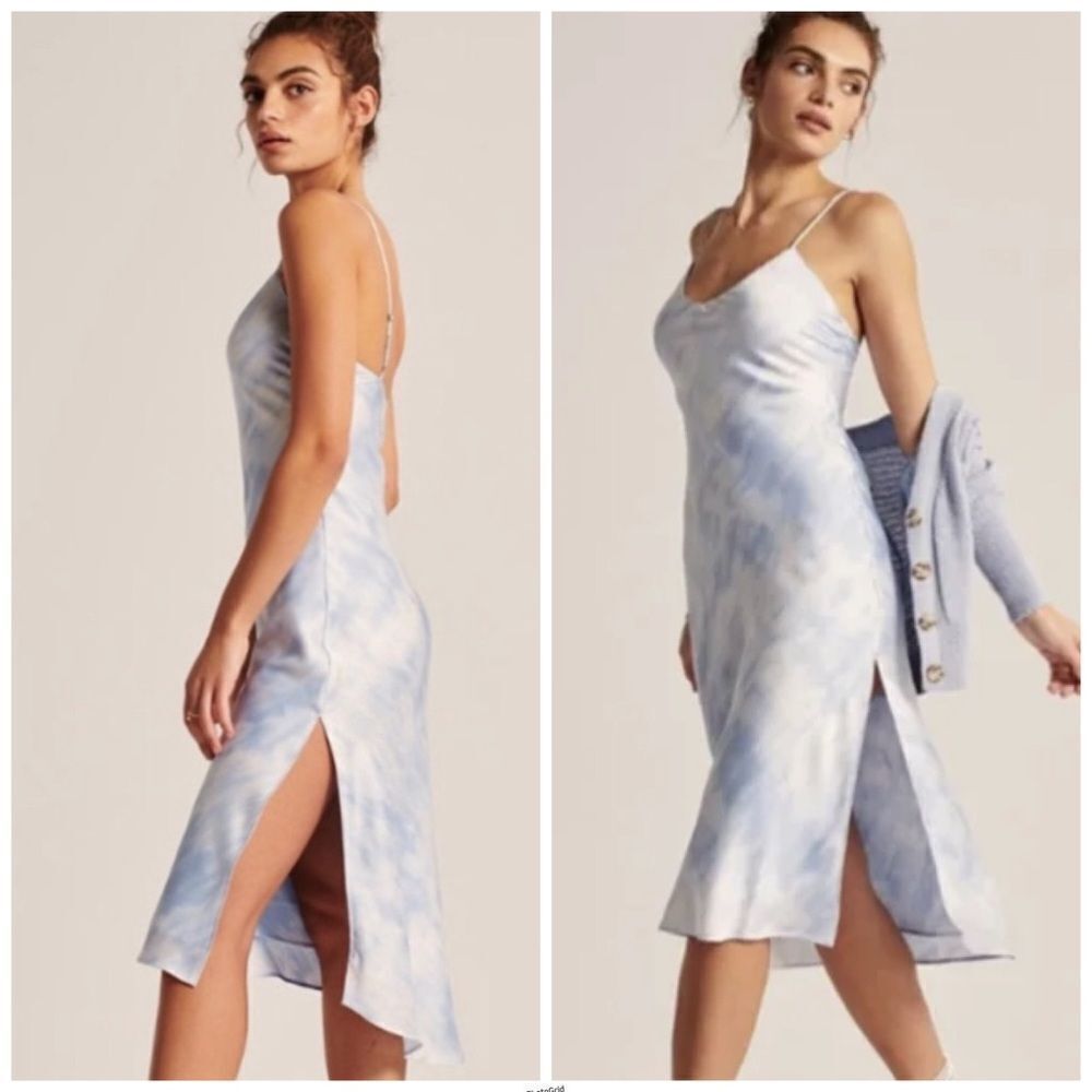 Abercrombie & Fitch Tie Dye Blue and White Satin Slip Midi Dress